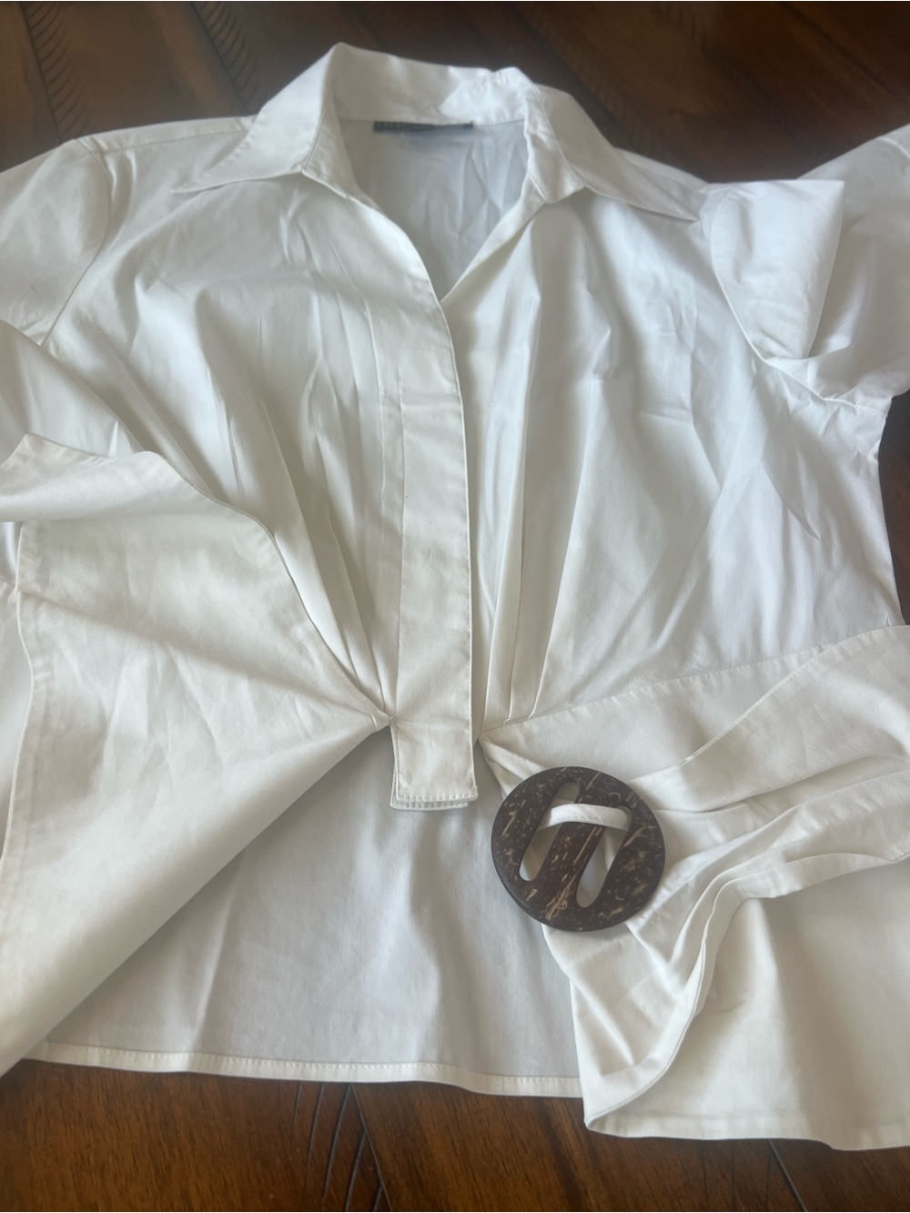 Lafayette 148 New York Cream Tie-Front Button Down Shirt with Buckle - Picture 7 of 10